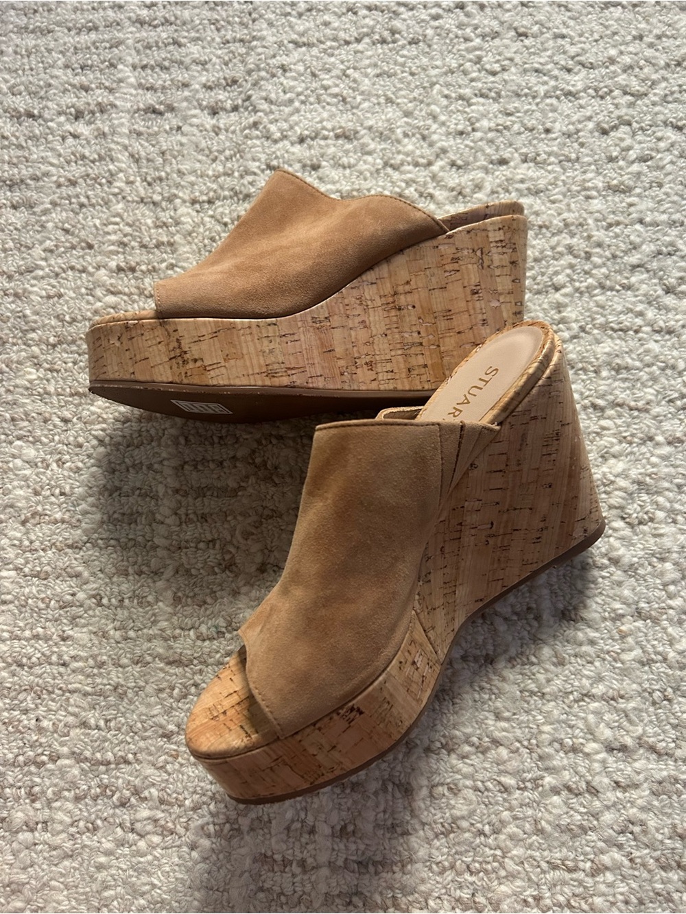 Stuart Weitzman Tan Suede Cork Wedge Mules